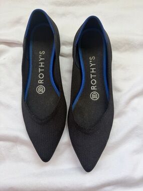 Rothy's Black Pointed Knit Flats with Blue Trim